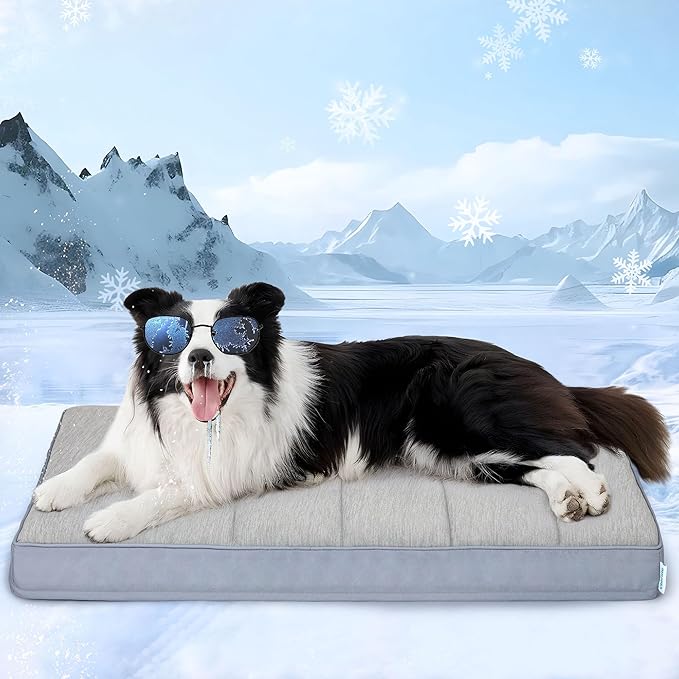 Cooling Dog Bed for Large Dogs - Orthopedic Pet Beds with Memory Foam, QMAX>0.5, Waterproof Removable Washable Cover for Hot Weather, Grey, 35" L x 23" W x 3" H-PawvioPets