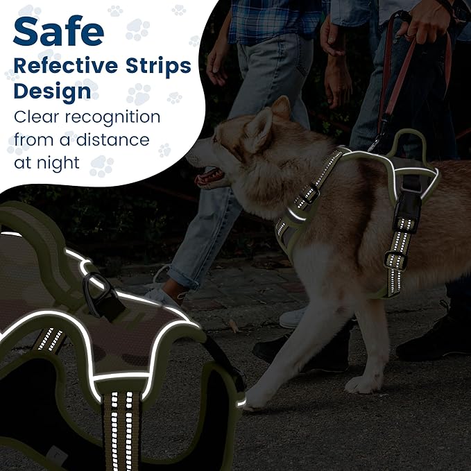 Funfox Dog Harness No Pull, Adjustable Pet Vest Harness, Super Soft Material with Vertical Handle Easy Control, Reflective Night Walking, 2 Leash Clips for Small Sized Dogs, Camo Green, S-PawvioPets
