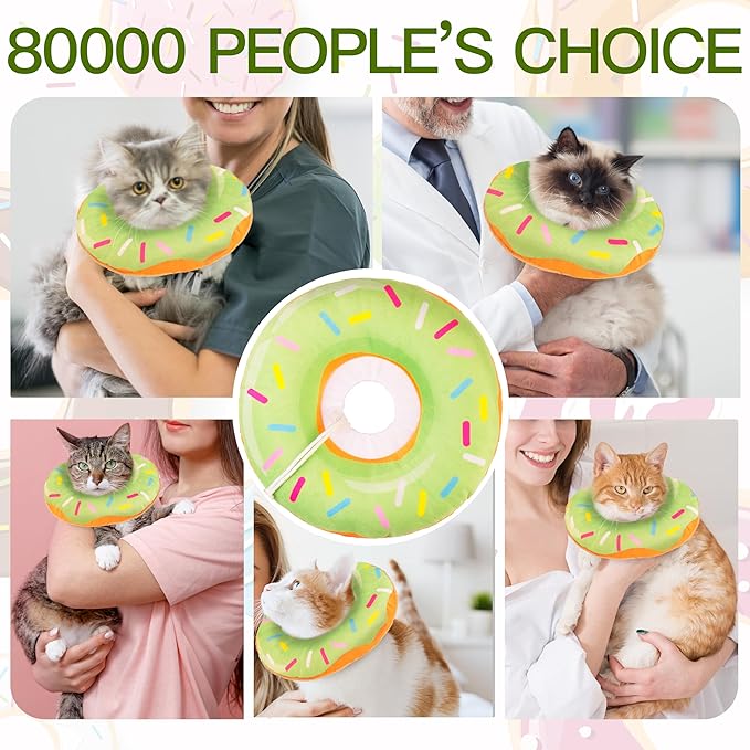 Cat Cone Collar Soft, Cute Cat Donut Collar After Surgery, Adjustable Kitten Recovery Cones to Stop Licking, Lightweight Neck Elizabethan Collars for Cats Kittens (Green, Medium)-PawvioPets