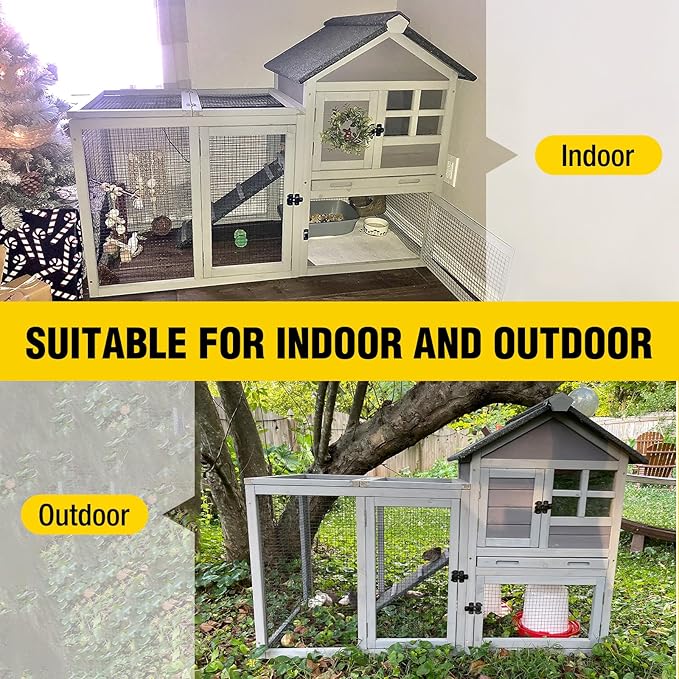 Aivituvin Rabbit Hutch Indoor Bunny Cage Outdoor with Run Chicken Coop Guinea Pig House with Waterproof Asphalt Roof,No Leakage Pull Out Tray (103.2" L x 25.2" W x 36.2" H, Grey-2 Sets)-PawvioPets