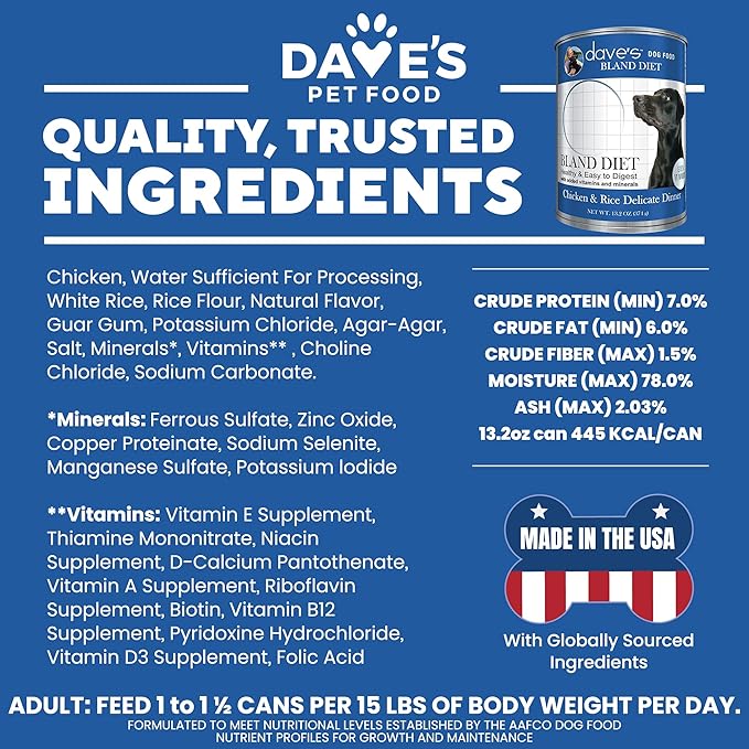 Dave's Pet Food Bland Diet Dog Food (Chicken & Rice), Sensitive Stomach, Easy to Digest, Gluten-Free, Digestive Care, Wet Canned, 13.2 oz (Case of 12)-PawvioPets