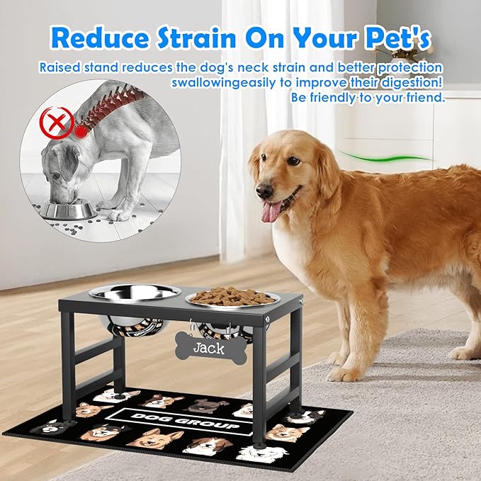 Elevated Dog Bowls, 10" Tall Height, Raised Bowl Stand with 2 Stainless Steel Food Feeder Bowls (58oz) and Spill-Proof Mat for Medium Large and Small Breeds-PawvioPets
