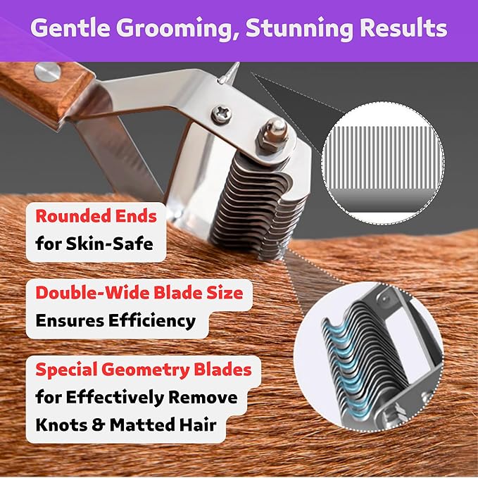 2 in 1 Dogs Cats Dematting Grooming Comb, Perfect Deshedding Undercoat Rake for Poodle & Goldendoodle, Efficiently Detangling Shedding Loose Hair & Matted Fur, All Long Haired Pet (Dark)-PawvioPets