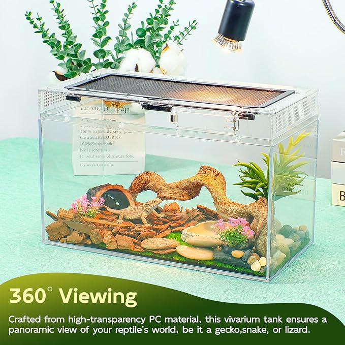 12.5''×6''×7'' Reptile Tank Kit with Heat Lamp, Spray Bottle, Shovel, Tweezers, Food Bowl, Hideout -Perfect for Geckos, Snakes, Lizards, Turtles, Jumping Spider,Milk Frog,Hermit Crabs-PawvioPets