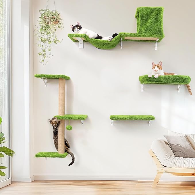 FUKUMARU Cat Wall Shelves, Stable & Safe 4 in 1 Cat Furniture Set, Wooden Climbing Wall with Scratching Post, Bridge and Bed, Stylish Jungle Gym for 16 Inch Drywall - Green-PawvioPets