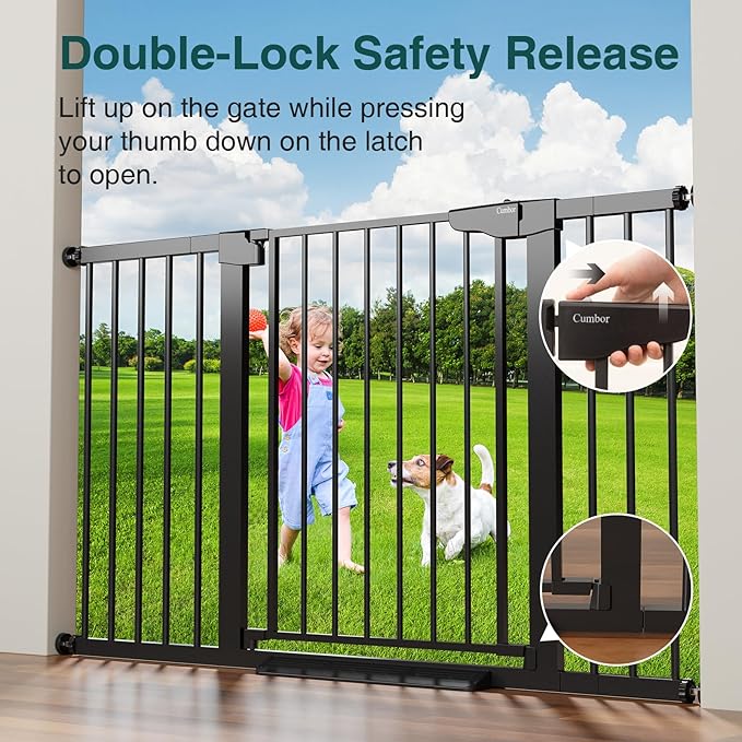 Cumbor 29.7-54.2" Wide Baby Gate for Stairs, Mom's Choice Awards Winner-Self Closing Dog Gate Indoor for Doorways, No Drilling Pressure Mounted Pet Gates for Kids, Easy Walk Through Safety Gate, Black-PawvioPets