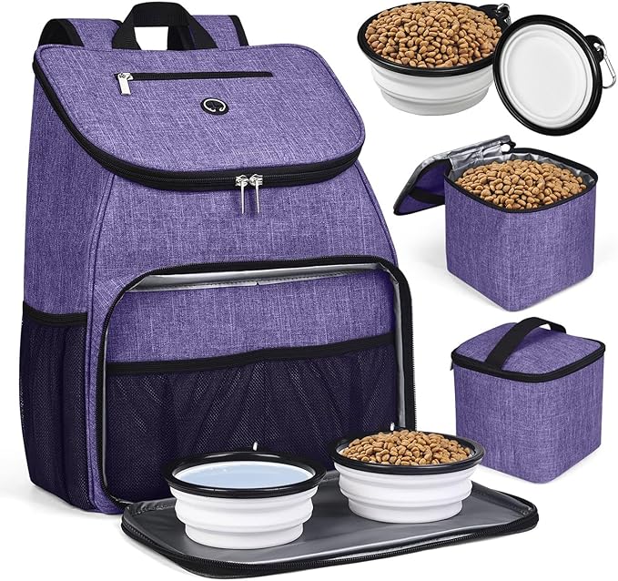 BAGLHER丨Dog Travel Bag, Airline Approved Pet Supplies Backpack, Dog Travel Backpack Accessories Set with 2 Silicone Collapsible Bowls and 2 Food Baskets. Purple-PawvioPets