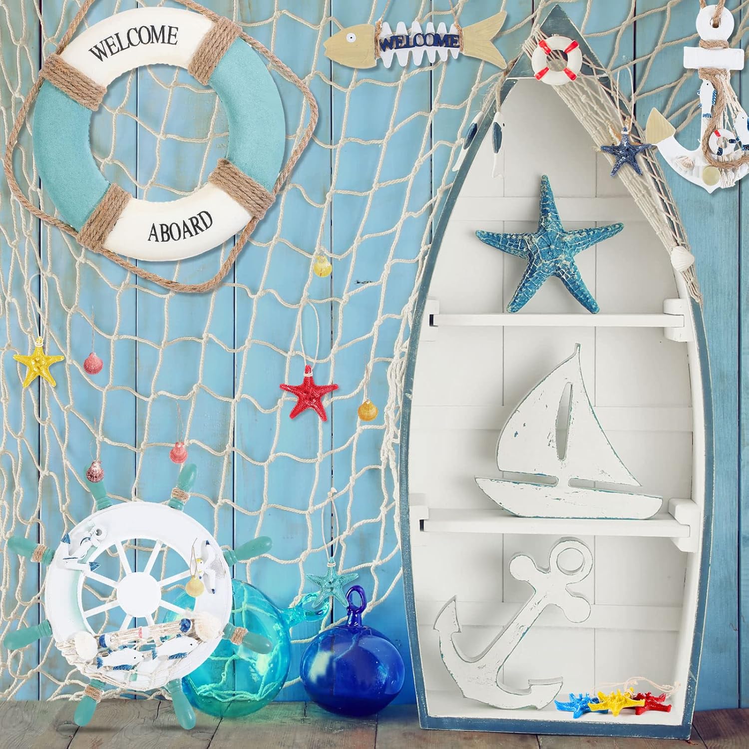 11 Pcs Wooden Nautical Wall Decor Fishing Net Decorations, Include Decorative Fishing Net, Ship Wheel, Fish Skeleton, Life Ring, Anchor, Starfish Beach Decor for Mediterranean Party (Wood Color)