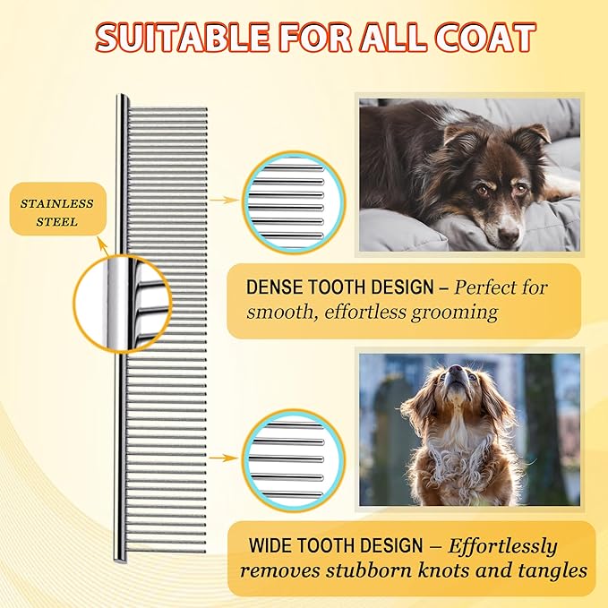 Dog Comb and Cat Combs Stainless Steel Teeth, Grooming Tool for Long & Short Hair, Dematting Comb for Dogs, Removes Tangles & Knots (Small Silver)-PawvioPets