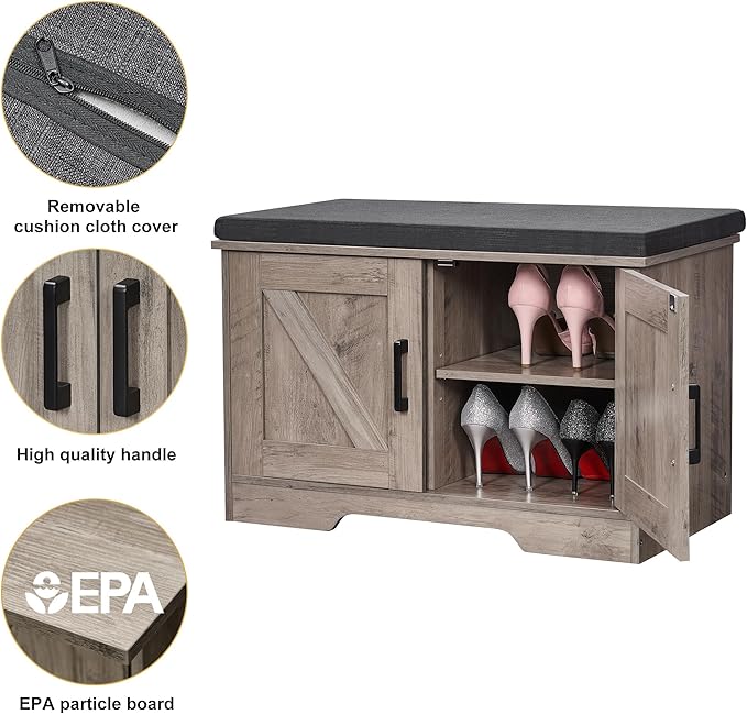 2-Tier Storage Bench, Shoe Bench with Padded Seat Cushion, Entryway Bench with 2 Barn Doors, Adjustable Shelf, 13.8" D x 27.6" W x 17.7" H, for Entryway, Living Room, Bedroom, Greige-PawvioPets