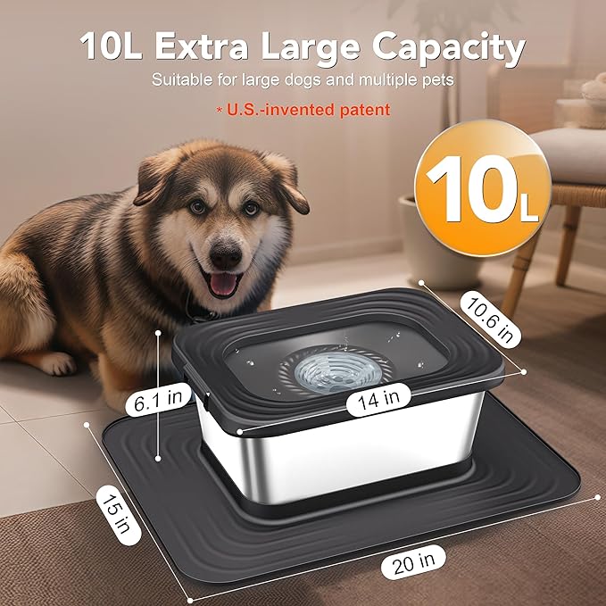 Decflow 10L Stainless Steel Dog Water Bowl, No Spill Anti-Splash Dog Bowls with XXL Silicone Mat, Spill-Proof Slow Feeder for Messy Drinkers, Heavy Duty Pet Bowls for Indoor/Outdoor Use Black-PawvioPets