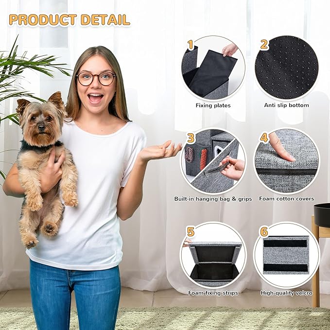 Bilibrara Dog Stairs for Small Dogs, Foldable Pet Steps for High Bed, Non-Slip 3-Step Cat Stairs with Storage, Condo and Fluffy Ball, Small Dog Indoor Ramp for Couch Window, 16'' H-PawvioPets