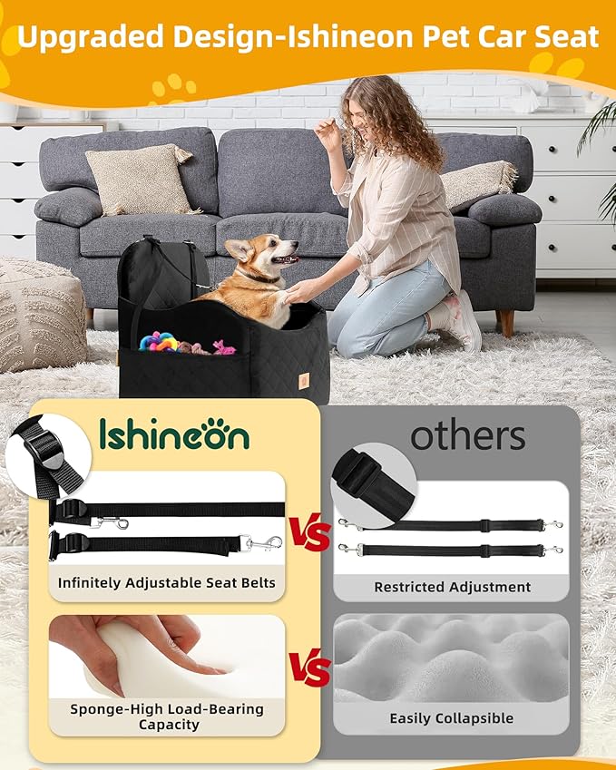 Car Seat Booster for Dog: High-Support Memory Foam Pet Car Seat for Small/Medium Dogs Under 35lbs with Elevated Cushion - Detachable Washable Puppy Travel Bed for Driving with Pockets (Black)-PawvioPets