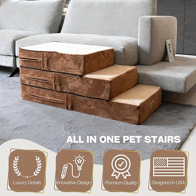 All-in-One Adjustable Dog Stairs – 5-Step Premium Pet Ramp for Small to Large Dogs – Sturdy, Non-Slip & Versatile for Beds, Sofas & More - Soft Cover, Modern Design (Brown)-PawvioPets