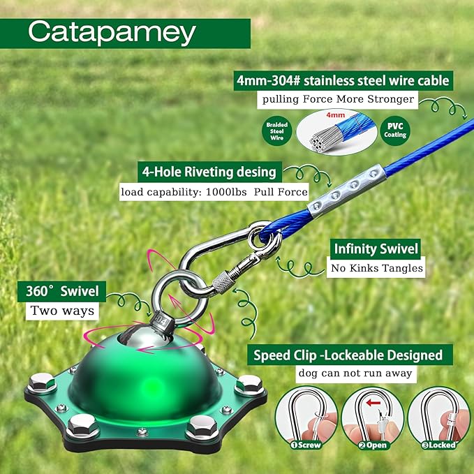 Dog Tie Out Cable and Stake,with 45FT Heavy Duty Cable,360°Swivel Dog Run Ground AnchorsDog Runner for Yard Rust Proof Can Hold 2 Dogs- Up to 150LBS,for Outdoor Camping-PawvioPets