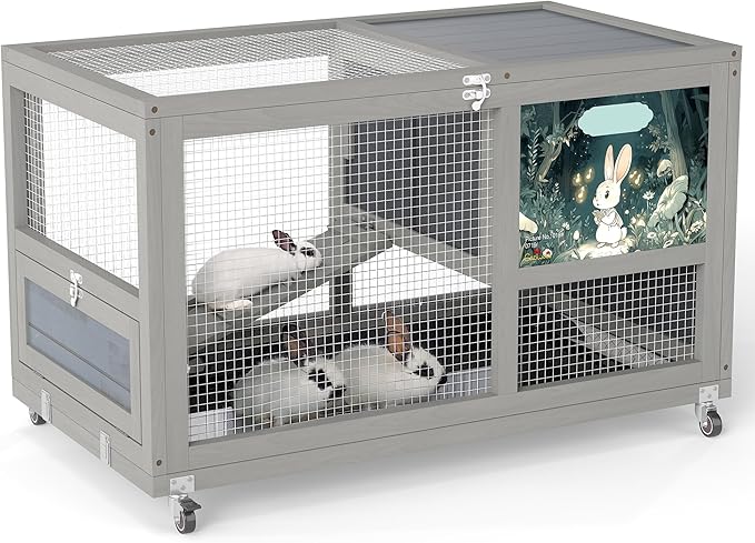 COZIWOW Fashionable Wood 36In Rabbit Hutch Indoor on Wheels Bunny Cage Outdoor Rabbit Cage with Clean Tray, Openable Roof, Anti-Slip Ramp for Small Bunny Rabbit (Grey with Pattern)-PawvioPets