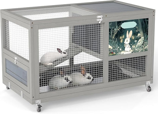 COZIWOW Fashionable Wood 36In Rabbit Hutch Indoor on Wheels Bunny Cage Outdoor Rabbit Cage with Clean Tray, Openable Roof, Anti-Slip Ramp for Small Bunny Rabbit (Grey with Pattern)-PawvioPets