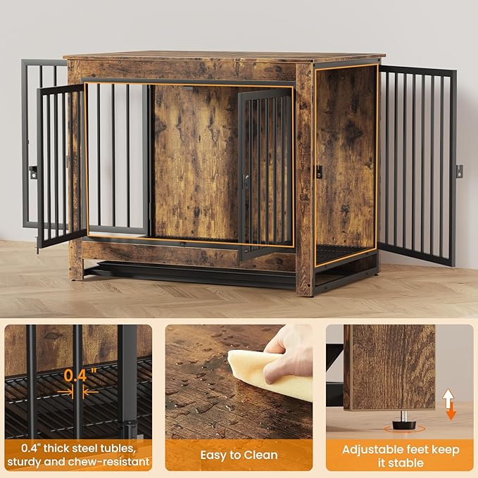 Dog Crate Furniture, Dog Crate End Table for Medium and Large Dogs,Wooden Cage Kennel Furniture Indoor, Modern Dog Crate with Multi-Purpose Removable Tray, Double-Doors Dog Furniture-PawvioPets