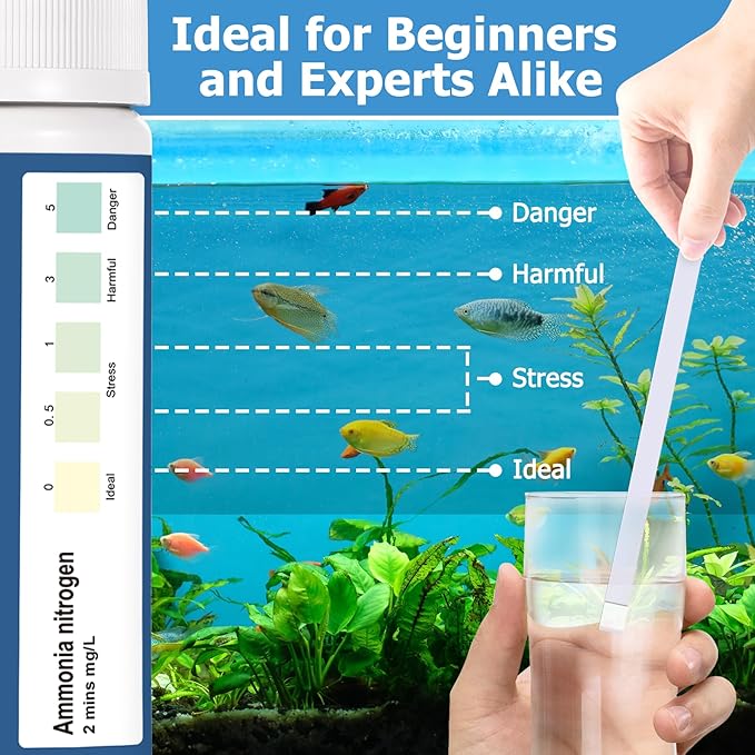 Ammonia Test Strips for Fish Tank: 100 Count Aquarium Ammonia Test Strips for Saltwater & Freshwater Aquariums & Ponds – Ammonia Test Kit with Test Tube Thermometer Stick-PawvioPets