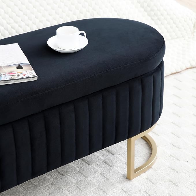 50" Sherpa Storage Ottoman Bench – Velvet Upholstered Bedroom Bench with Golden Metal Legs, Lift-Top Hidden Storage, Modern Footrest for Living Room, Entryway, Bed End (Black)-PawvioPets