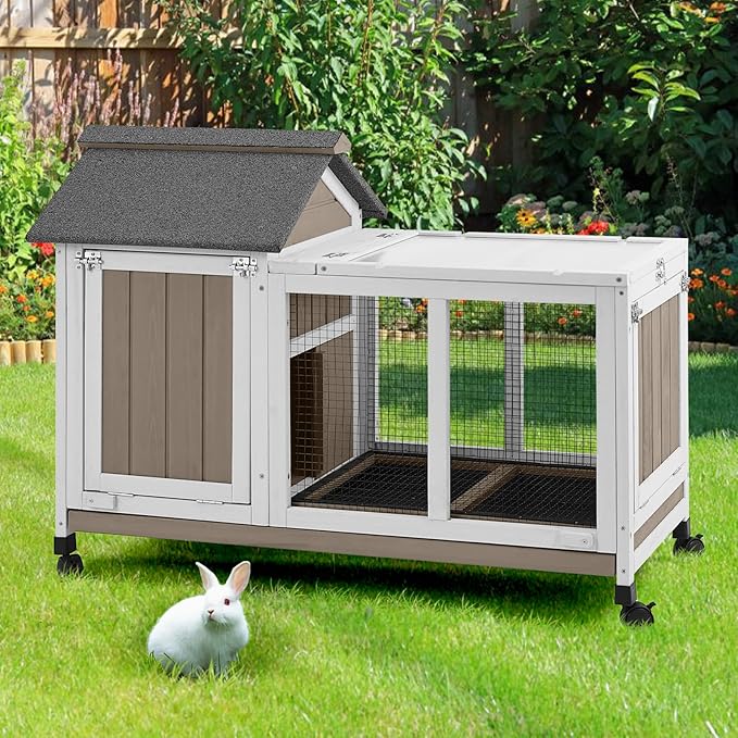 38''L Rabbit Hutch Outdoor Indoor with Wheels, Wooden Expandable 2 Story Bunny House Rabbit Cage with Run, Waterproof Roof, Pull Out Tray, Guinea Pig Cage Chicken Coop for Small to Medium Pets-PawvioPets