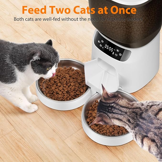 Automatic Cat Feeder and Water Fountain, 5L/20 Cups Timed Cat Dry Food Dispenser, 10s Meal Call, 20 Portions 6 Meals Per Day, 2L Cats Fountains for Drinking with Filter, Pet Feeder for Dog-PawvioPets