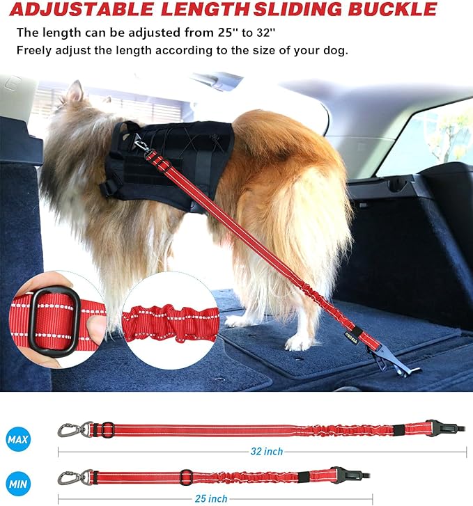 AUBELL Dog Seat Belt for Car,2 Pack Set 3-in-1 Adjustable Reflective Bungee Heavy Duty Dog Car Harness Tether with Clip Hook Latch & Buckle,Swivel Zinc Alloy Carabiner,Black+Red-PawvioPets