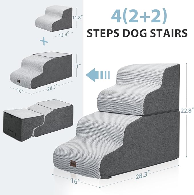 Dog Stairs for High Beds, 4-Step Dog Steps for Small Dogs and Cats, Foldable Pet Stairs for High Bed Climbing, Non-Slip Balanced Pet Step Indoor, Light Grey-PawvioPets