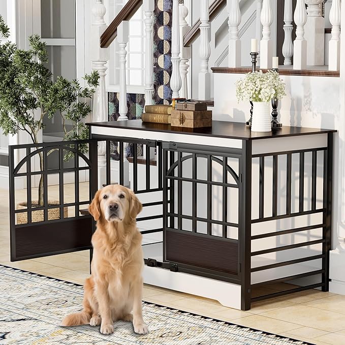 COZPAW 52 Inch Dog Crate Furniture, Extra Large Dog Kennel Indoor for XLarge Breed, Heavy Duty Dog Cage with Double Elegant Arched Doors, Decorate as TV Stand & End Table - White Brown-PawvioPets