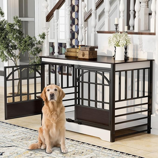 COZPAW 52 Inch Dog Crate Furniture, Extra Large Dog Kennel Indoor for XLarge Breed, Heavy Duty Dog Cage with Double Elegant Arched Doors, Decorate as TV Stand & End Table - White Brown-PawvioPets