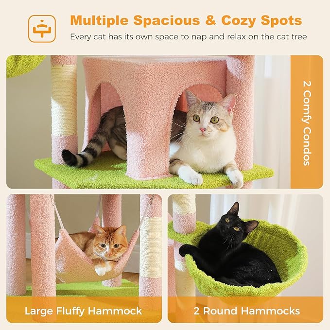 71.2" Large Cat Tree for Multi-Cat Households - Heavy-Duty 9-Level Cat Tower w/5 Sisal Scratching Posts, 2 Condos, 3 Hammocks, Extra-Large Perch & Pompoms - Space-Saving, Pink-PawvioPets