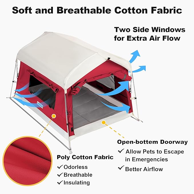 Dog Tent Cotton Fabric, Aluminum Poles and Camping Mat, Outdoor Weatherproof, Dog House Outdoor, Breathable with 2 Side Windows, Portable and Collapsible (Red, Large)-PawvioPets
