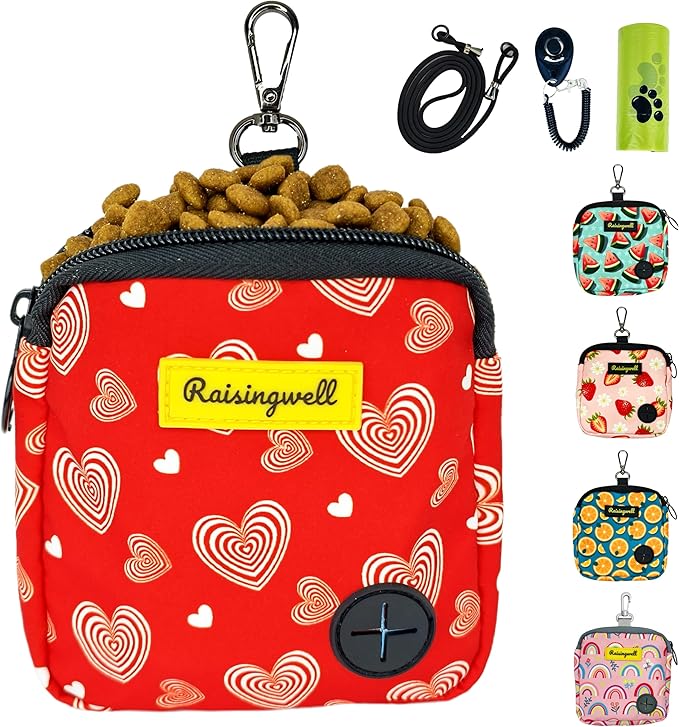Dog Treat Pouch for Pet Walking and Training with Clicker Poop Bags Small Fanny Zipper Pack Holder for Puppy Snack Dispenser Kit for Leash and Outdoor Use (Valentine)-PawvioPets