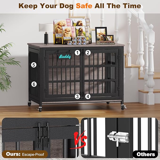 EasyCom 48"/42"/33" XXL Dog Crate Furniture with Casters, Heavy Duty Dog Kennel Indoor for Large Dogs, Escape-Proof and Chew-Proof Dog Cage for high Anxiety Dog, Decorate House as TV Stand, End Table-PawvioPets