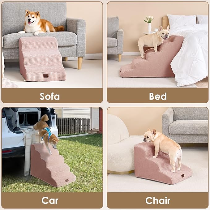 EHEYCIGA Curved Dog Stairs Ramp for High Beds 19.7" H, 4-Step Dog Steps for Small Dogs and Cats, Pet Stairs for High Bed Climbing, Non-Slip Balanced Pet Step Indoor, Dusty Pink-PawvioPets