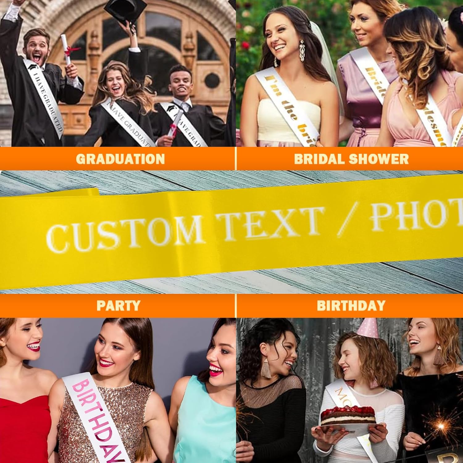 Custom Sash,Personalized Birthday Sash with Text Photo,Customized Bachelorette Sash Quote Sash Bride to Be Sash Color Optional (No decorative edge, Yellow)