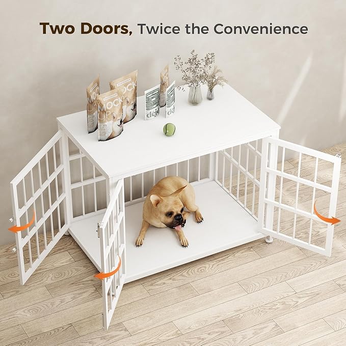 32 Inch Heavy Duty Wooden Dog Kennel End Table with Double Door Design and Secure Locks, Indoor Pet Crate Furniture for Medium Dogs, Decorative Home Cage Design,White-PawvioPets