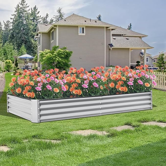 Domi Galvanized Raised Garden Bed, 6x3x1Ft Thickening Metal Planter Box for Vegetables Bottomless for Backyard Outdoor, 1" Deep w/ 128 Gallon Capacity - Silvery-PawvioPets