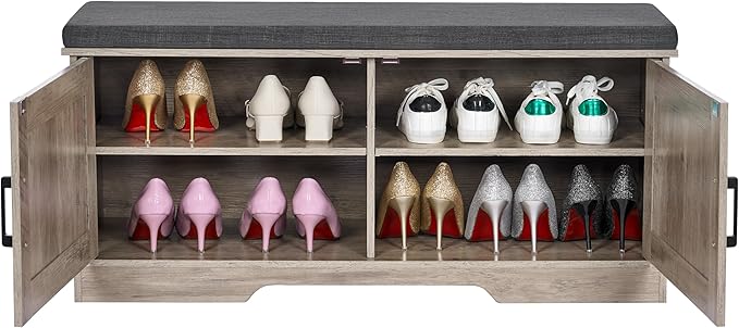 2-Tier Storage Bench, Shoe Bench with Padded Seat Cushion, Entryway Bench with 2 Barn Doors, Adjustable Shelf, 13.8" D x 39.4" W x 17.7" H, for Entryway, Living Room, Bedroom, Greige-PawvioPets