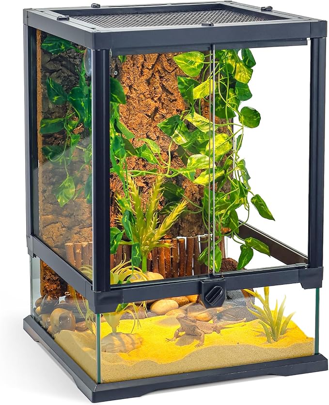 360° Clear View 12 Gallon 18x12.6x12.6 Glass Reptile Terrarium Suitable for Bearded Dragon, Chameleon, Crested Gecko, Multi-Pet Enclosure with Front Door, Excellent Ventilation, Hidden Wiring Holes-PawvioPets
