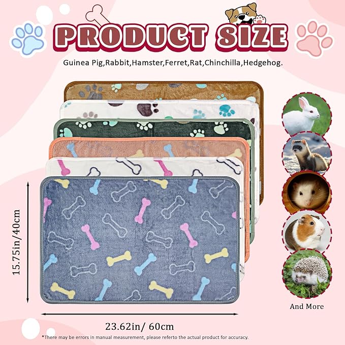 6 Pcs Washable Guinea Pig Blankets Absorbent Small Animal Fleece Bedding Waterproof Cage Liners Reusable Pet Pee Pad Sleep Mat Cover for Rabbit Rat Hamster Ferret Chinchilla Hedgehog (16"x24")-PawvioPets