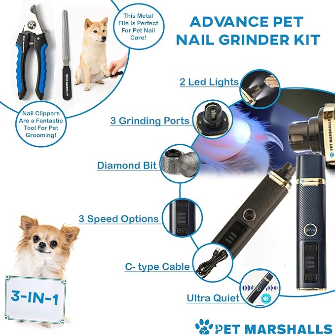 3-in-1 Cat & Dog Nail Grinder with Clipper & File, Quiet LED Trimmer, 3-Speed Pet Grooming Tool, Rechargeable 2000mAh Battery-PawvioPets
