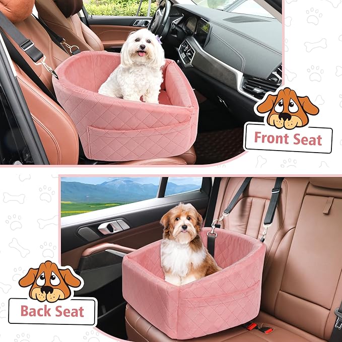 Dog Car Seat for Small Medium Dogs,Detachable Washable Dog Booster Seat Under 30lbs, Pet Car Seats Travel Bed with Storage Pockets and Safety Belt(Pink)-PawvioPets
