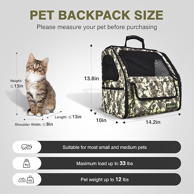 Collapsible Cat Backpack Carrier, Dog Backpack Carrier for Small Dogs Cats Up to 12 Lbs, Three-Sided Breathable Pet Backpack with Soft Padded, Designed for Outdoor and Travel Use, Camo-PawvioPets