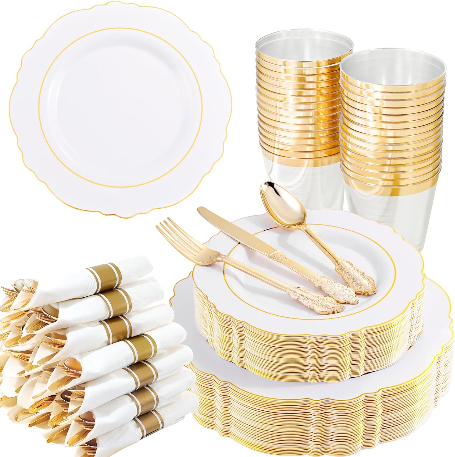 Liacere 350PCS Gold Plastic Plates-Disposable White and Gold Plates 50guest Baroque Plastic Dinnerware include 100Plates, 50Pack Pre Rolled Napkins with Silverware 50Cups for Wedding&Thanksgiving