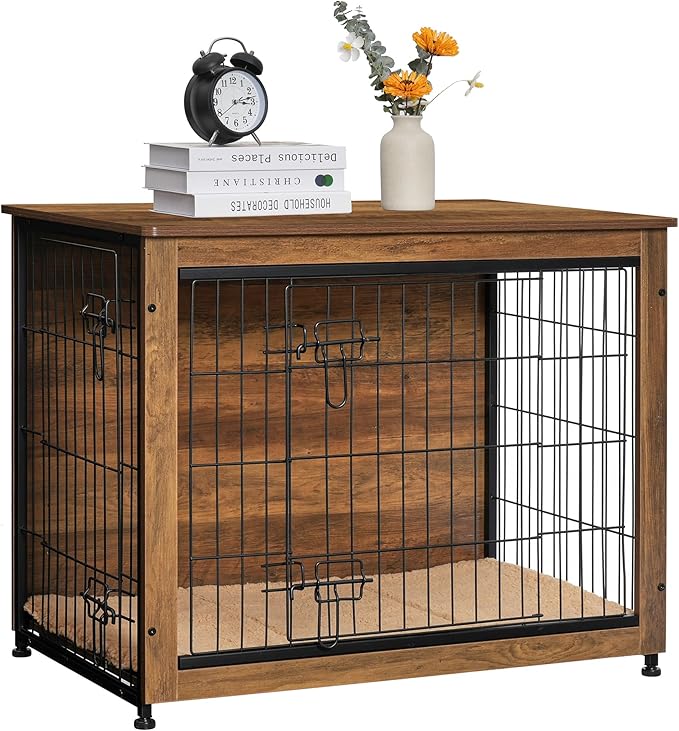 DWANTON Dog Crate Furniture with Cushion, Wooden Kennel Table with Double Doors, Indoor Dog House, Medium Size, 32.5" L, Warm Brown-PawvioPets