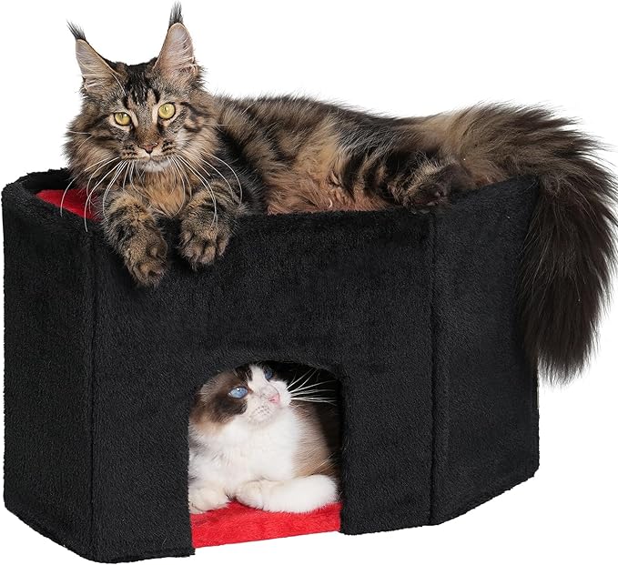 Gothic Cat Condo Cave for Indoor Cats, Spacious Indoor Coffin Cat House Bed,Large 20x13.5inch Bunk Perch, Stable Cubbie for Pets Rabbits, Halloween Red Black-PawvioPets