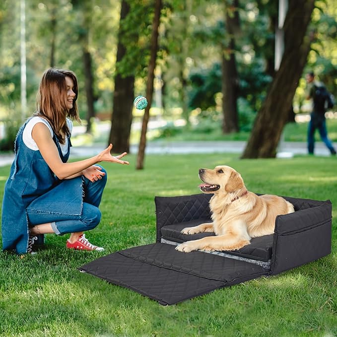Dog Car Seat for Large/Medium Pet, Anti Slip Bottom Dogs Booster Seat for All Seasons,Pet Travel Bed with Thick Dog Sofa Cushion,2 Safety Leashes(Black)-PawvioPets