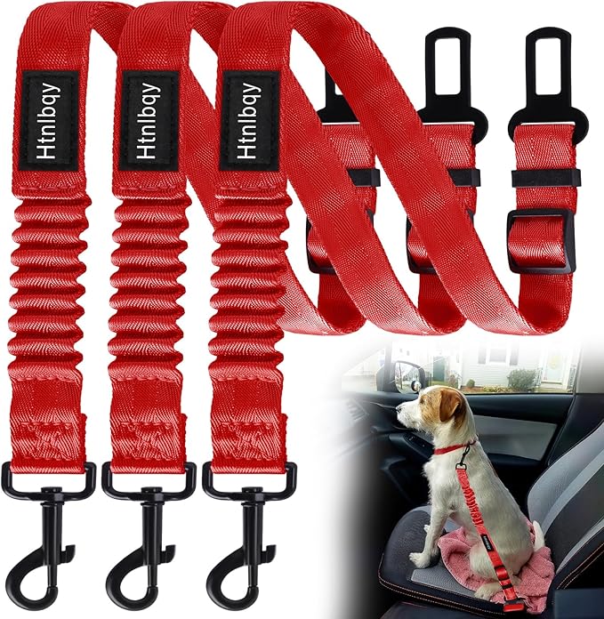 3 Pack Thickened Dog Seat Belt Adjustable Dog Car Seatbelts for Vehicle Nylon Pet Safety Seat Belt with Elastic Bungee Buffer Durable Car Harness for Dogs,Red-PawvioPets