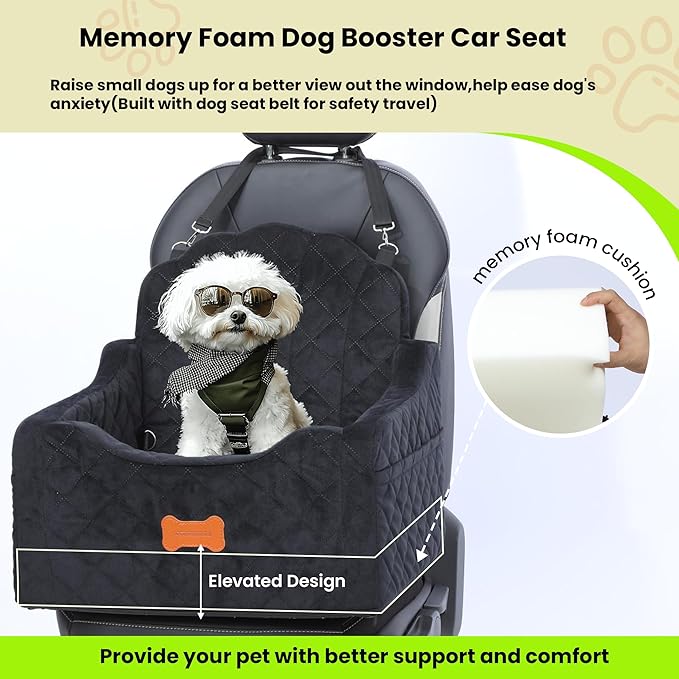 Dog Car Seat for Small Dogs Under 30lbs, Detachable Washable Pet Booster Seat with Safety Belt & Storage Pockets, Travel Car Bed, Black-PawvioPets